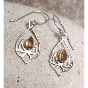 Art Nouveau Style Sterling Silver Yellow Topaz Scroll Dangle Earrings